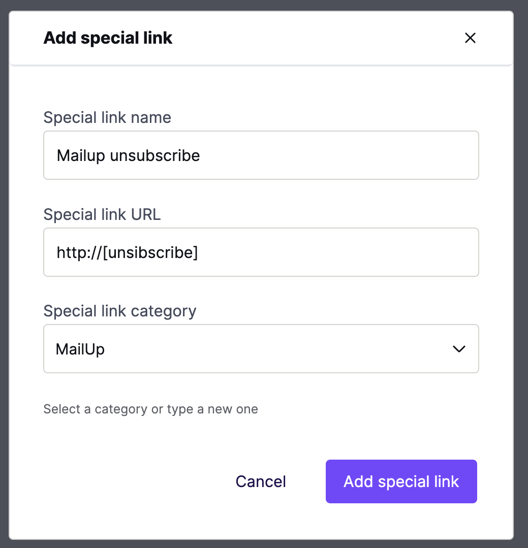 This shows the modal that opens when you click Add a special link. The modal includes three required fields to successfully add the new special link. These fields are Special link name, Special link URL, and Special link category.