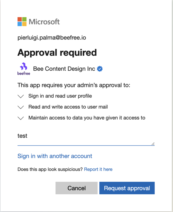 Screenshot of the message that asks for Approval when connecting to your Outlook corporate account. Obtain your permissions in Outlook to successfully connect to Beefree.